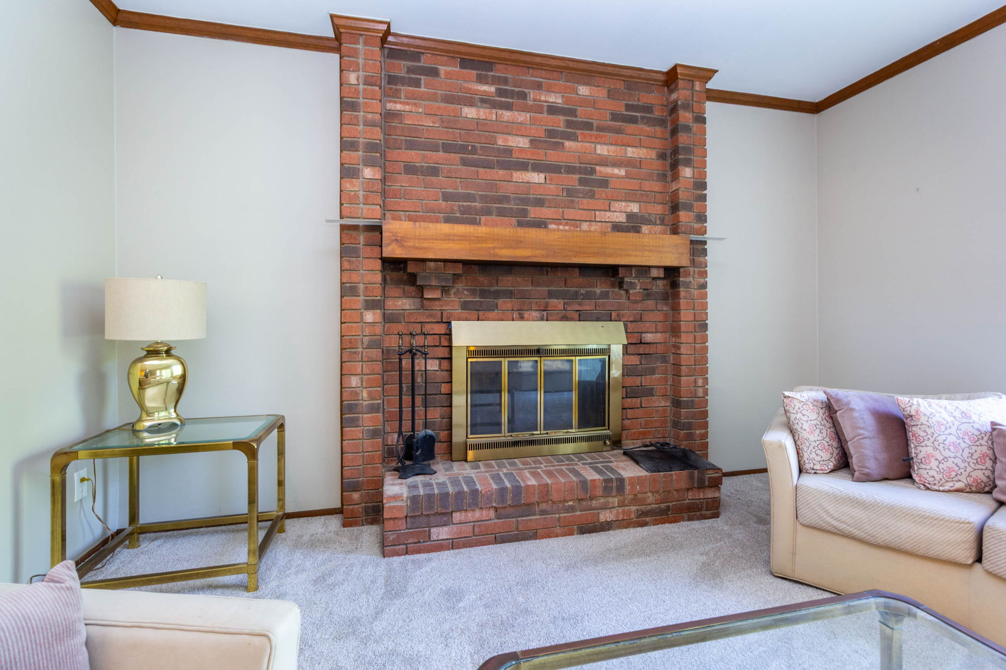 Close-up of the wood-burning brick fireplace